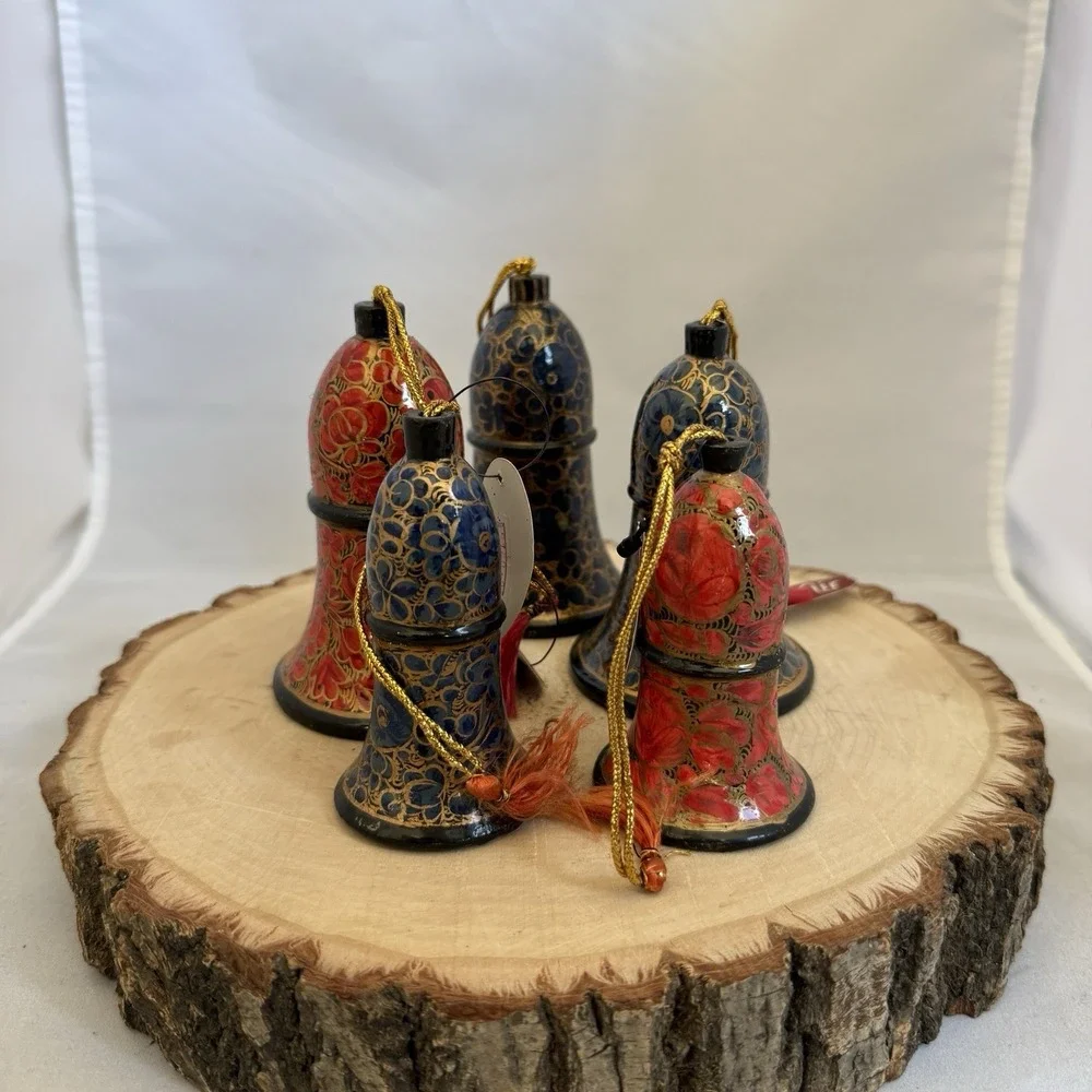 Set Of 5 Lacquer Paper Mache Kashmiri Art Hand Painted Bells That Ring 4